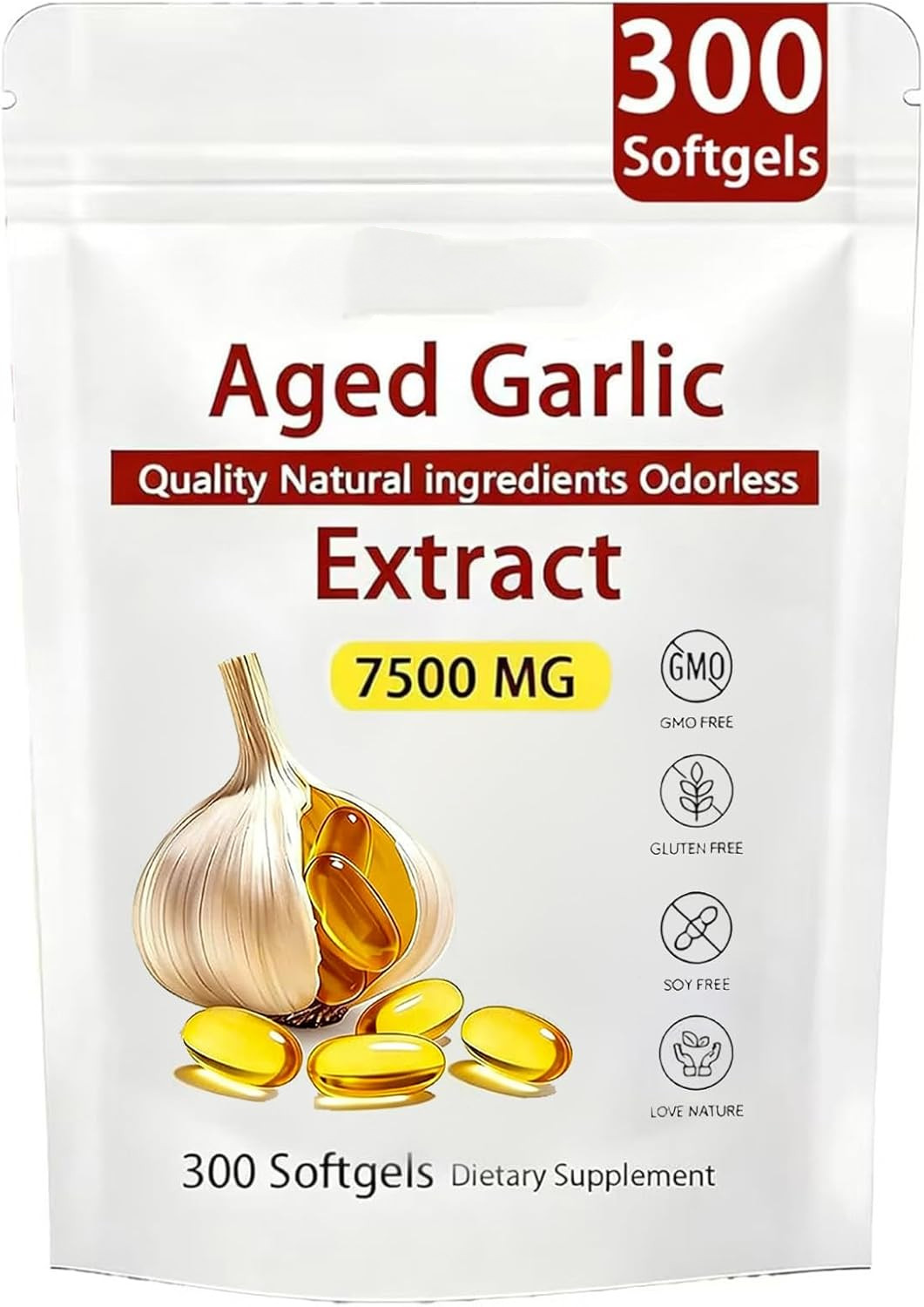 Odorless Garlic 7500mg Per Servings, 300 Softgels | 2 Years Aged Garlic Extra…