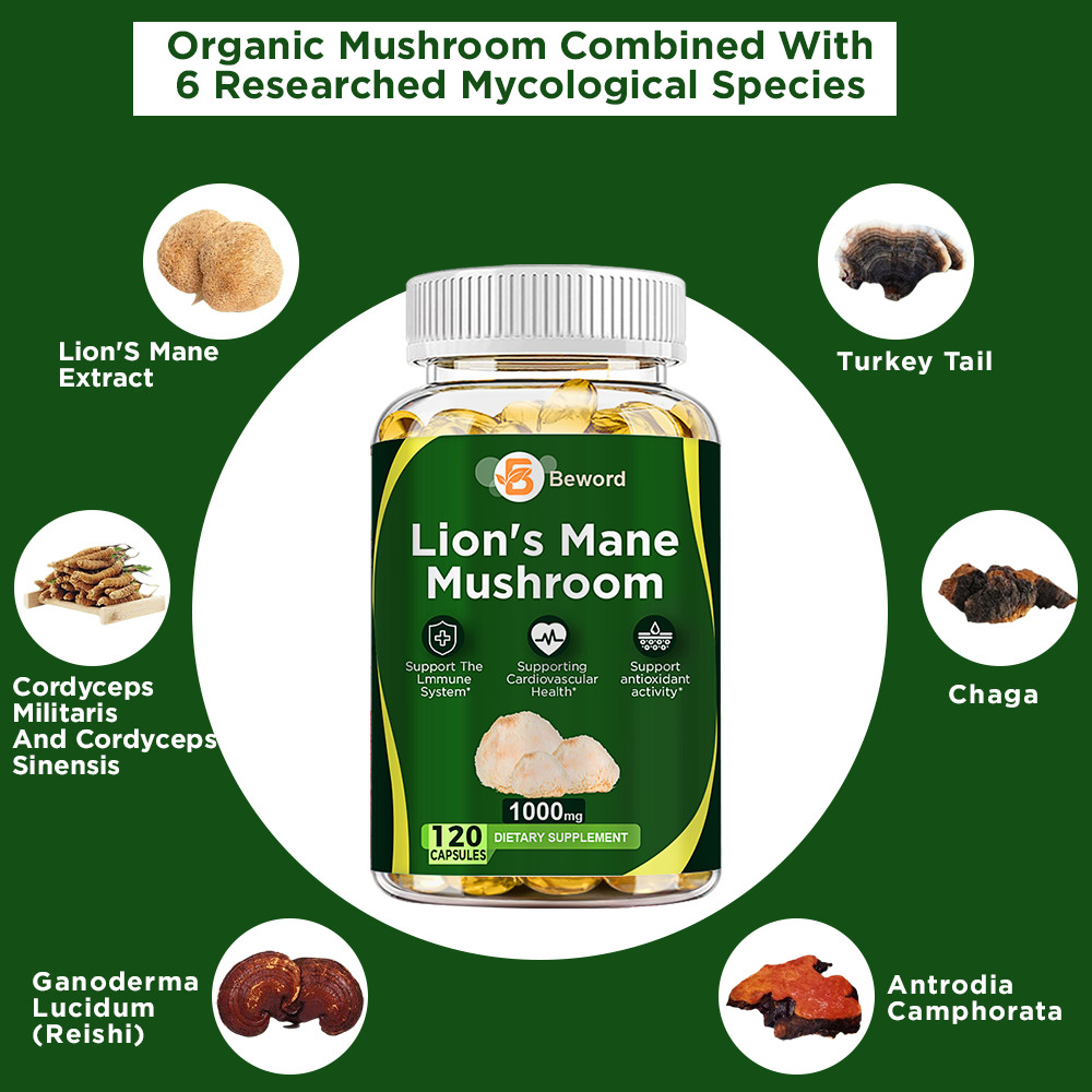 1000Mg Organic Lions Mane Mushroom Nootropic Brain Memory Focus Immune Support