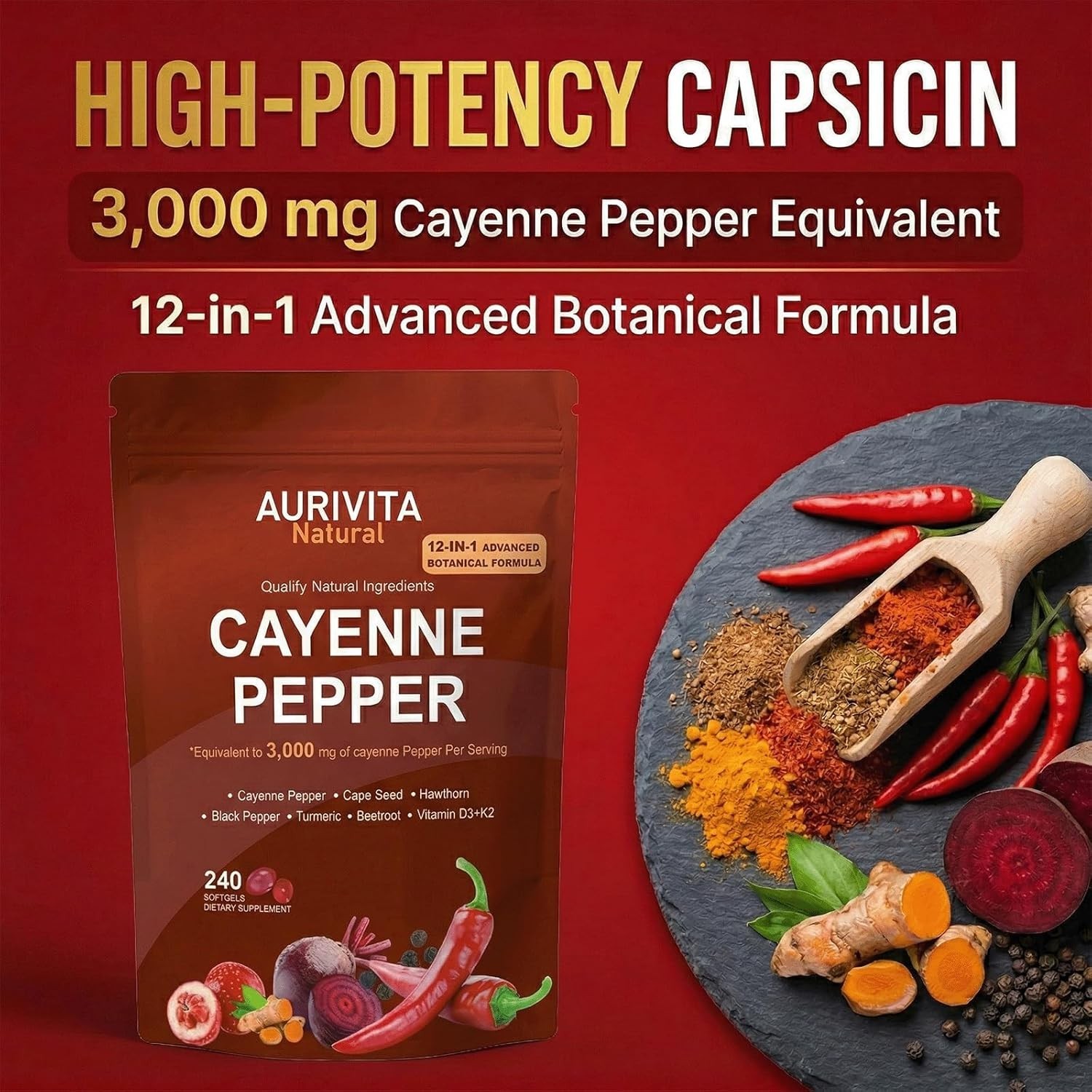 Natural Capsaicin Softgels,auri Cayenne Pepper softgels， with Vitamin E, D3+K2