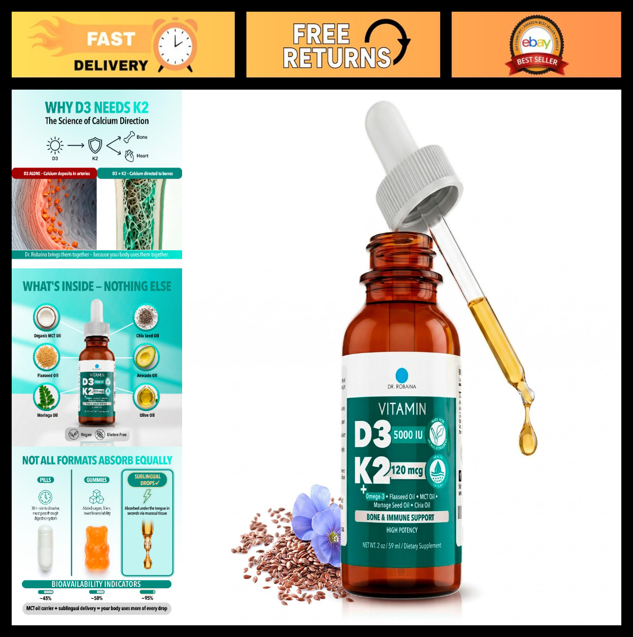 Vegan Vitamin D3 + K2 Drops – 5000 IU D3 & 120 mcg MK-7, Liquid MCT Oil Suppleme