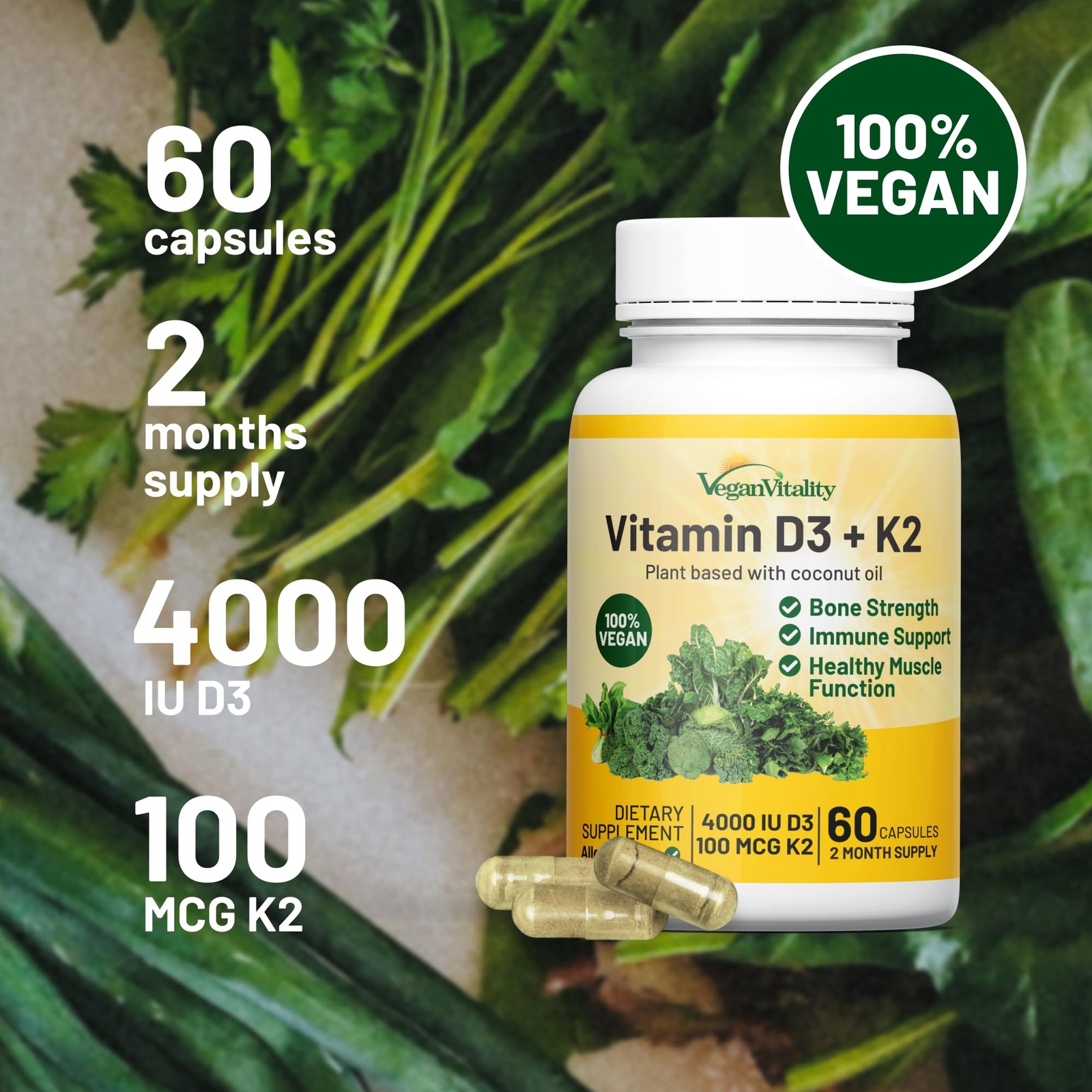 Vegan Vitality Vitamin D3 K2 4000IU (100mcg) with Coconut Oil, 100% Plant Bas…