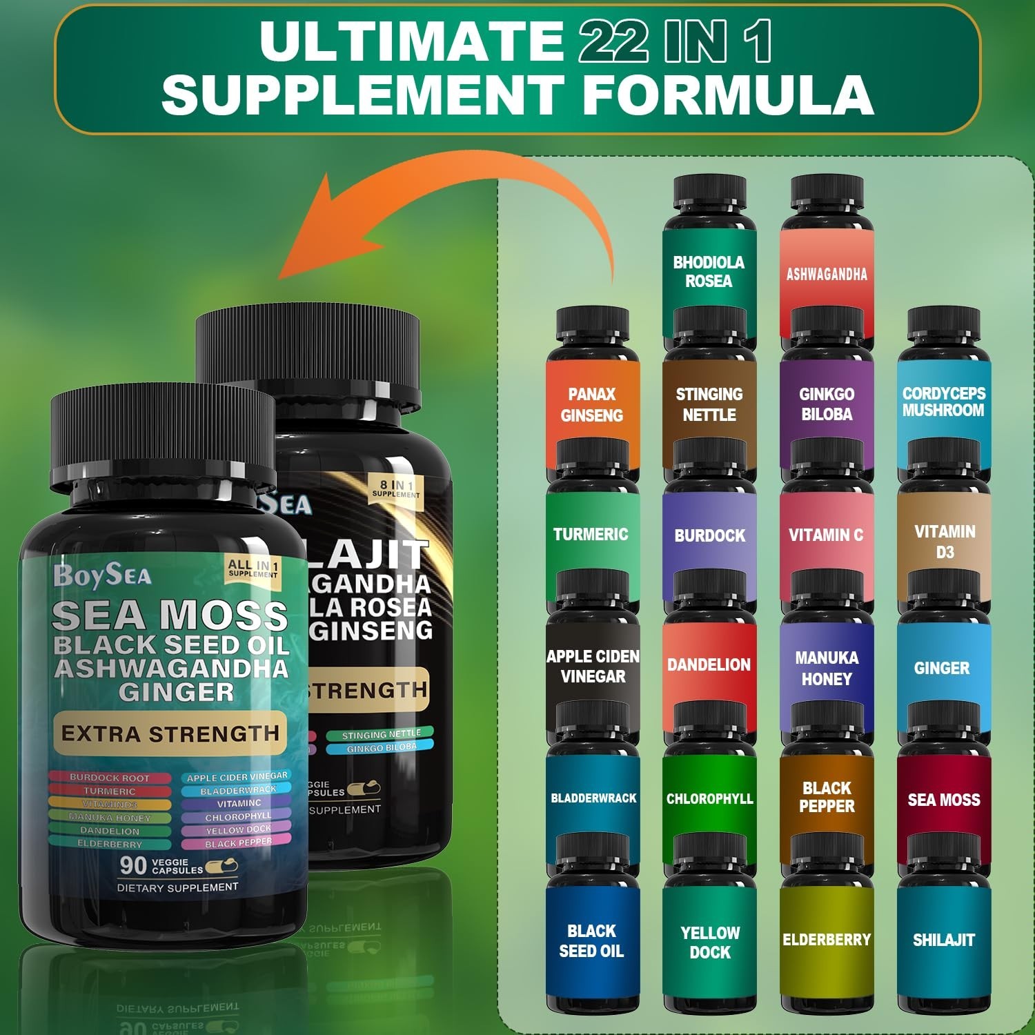Shilajit & Sea Moss Bundle – 180 Count Supplements with Black Seed Oil, Ashwagan