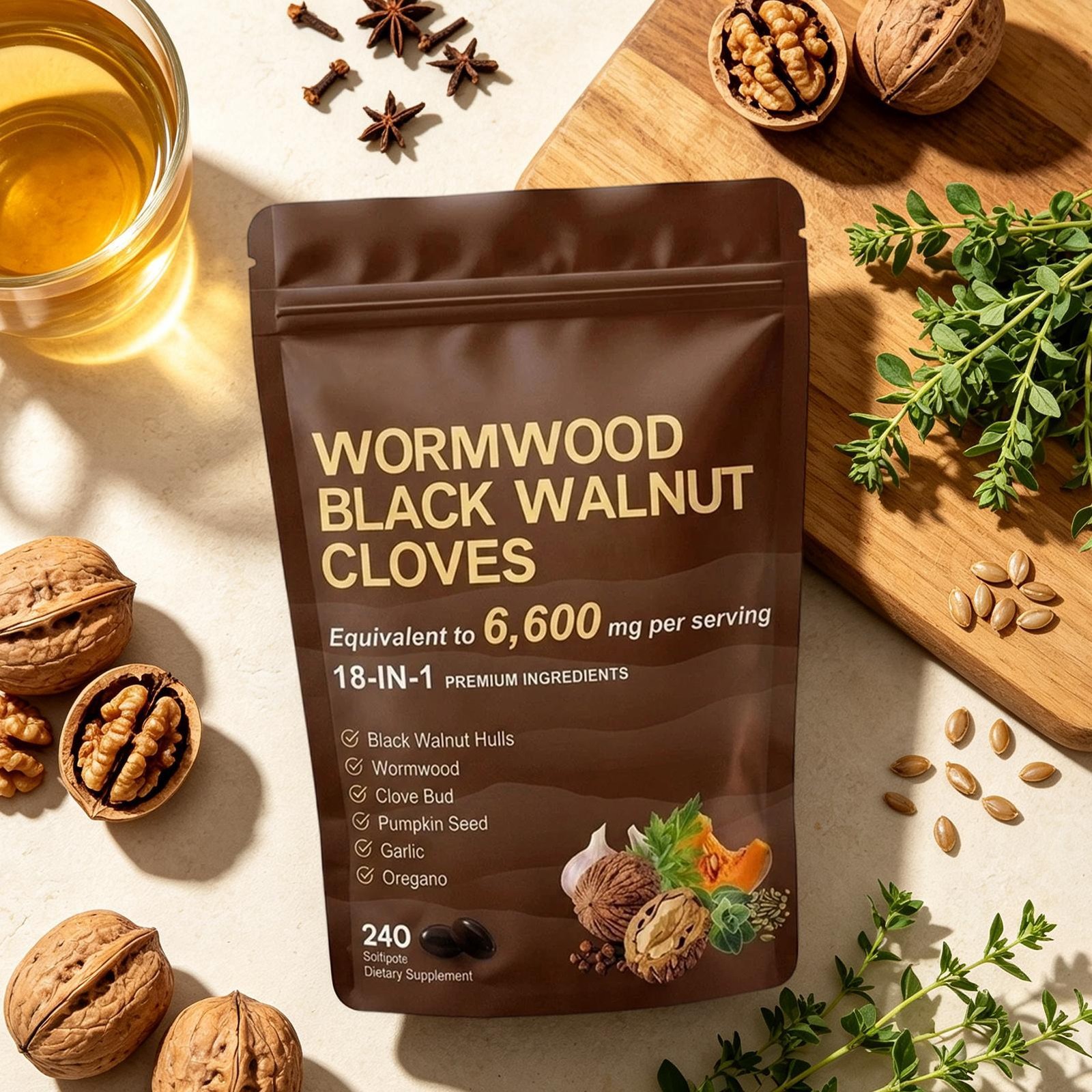 Holior Wormwood Black Walnut Clove Herbal Supplement 240 Softgels