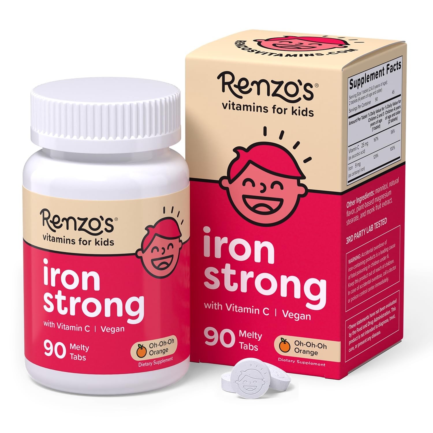 Dissolvable Vegan Iron Supplements for Kids, Sugar-Free Melty Tabs, 90-Count, Or