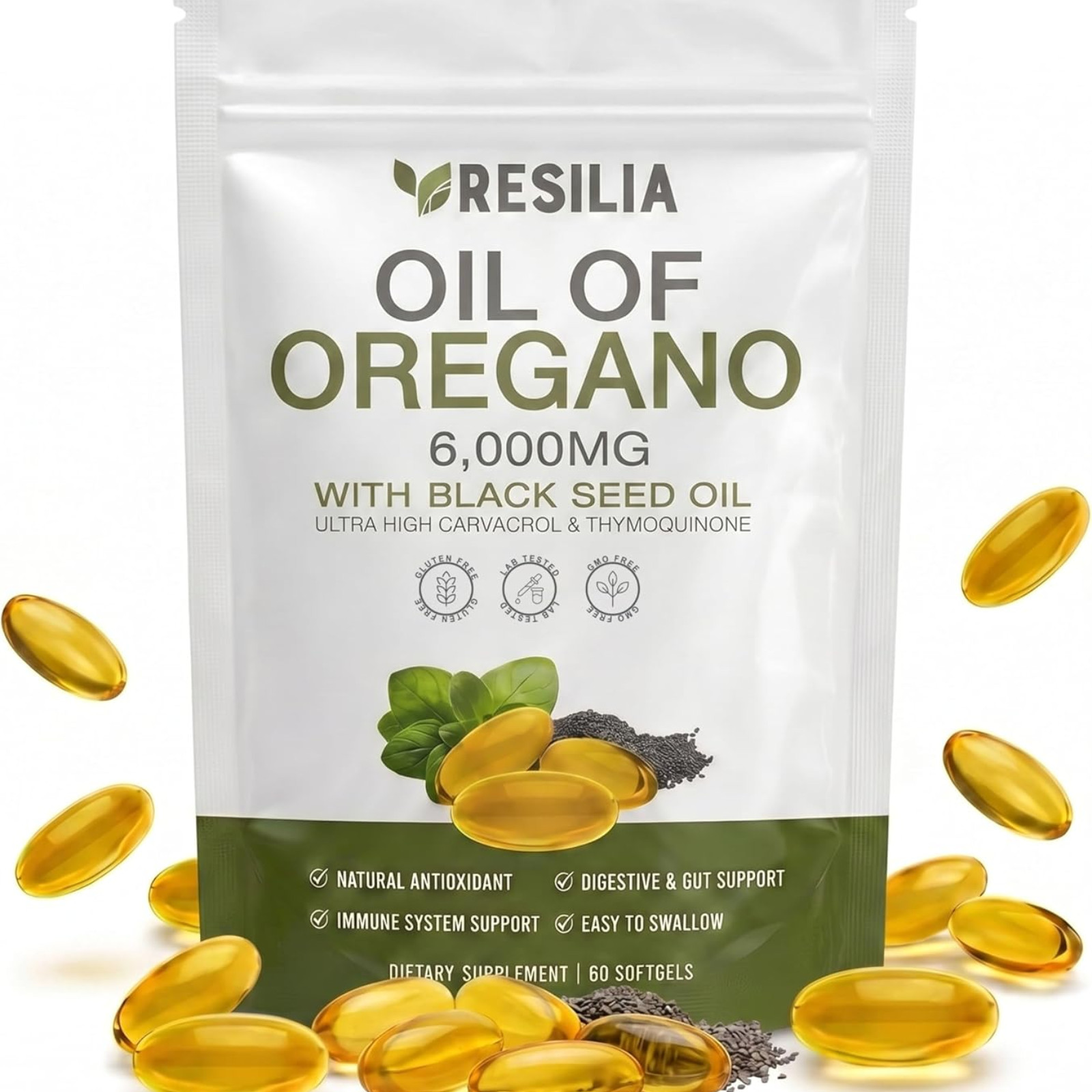 Resilia Oregano Oil 6000mg & Black Seed Oil Softgels Immune Support 60Ct