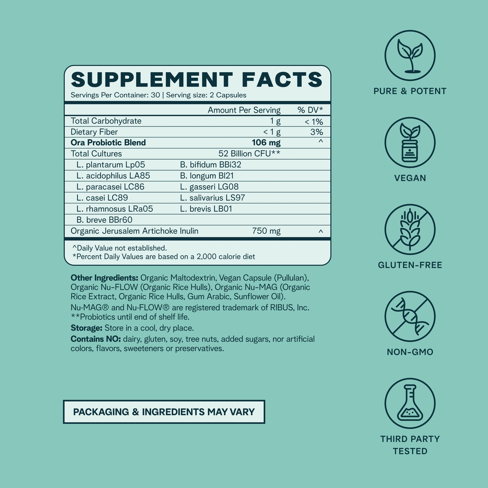 Ora High Potency Probiotic 60 Count 52 Billion CFU Gut Health Supplement