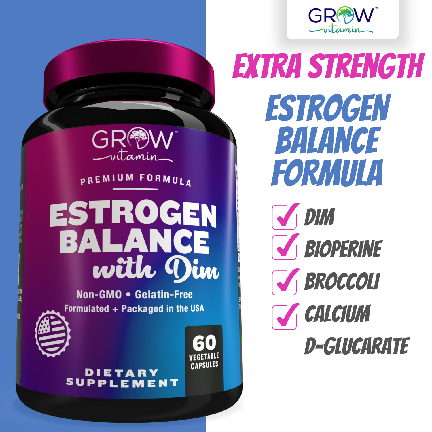 Grow Vitamin DIM (Diindolylmethane) 300mg, 60 Capsules with BioPerine