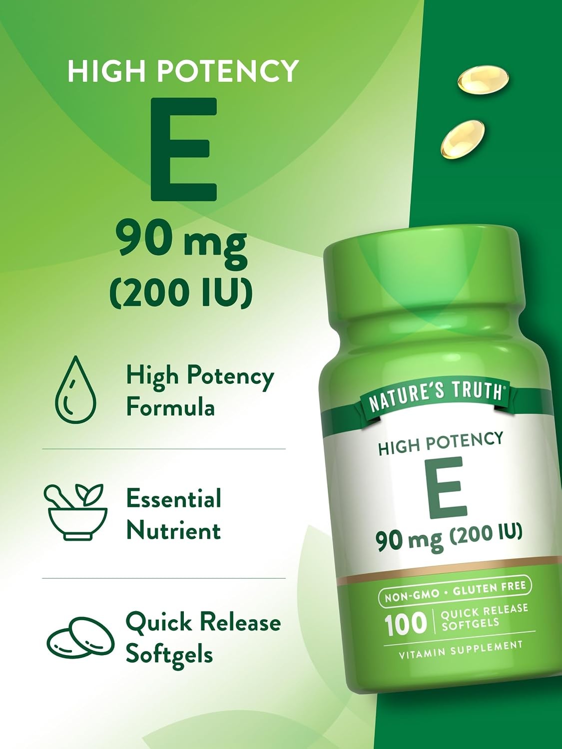 Nature’s Truth Vitamin E Softgels | 200 IU | 100 Softgels | Non-GMO & Gluten Fre