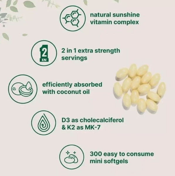 Vitamin D3 10000 iu Plus K2 (MK-7) 200 mcg, 300 Virgin Coconut Oil Softgels