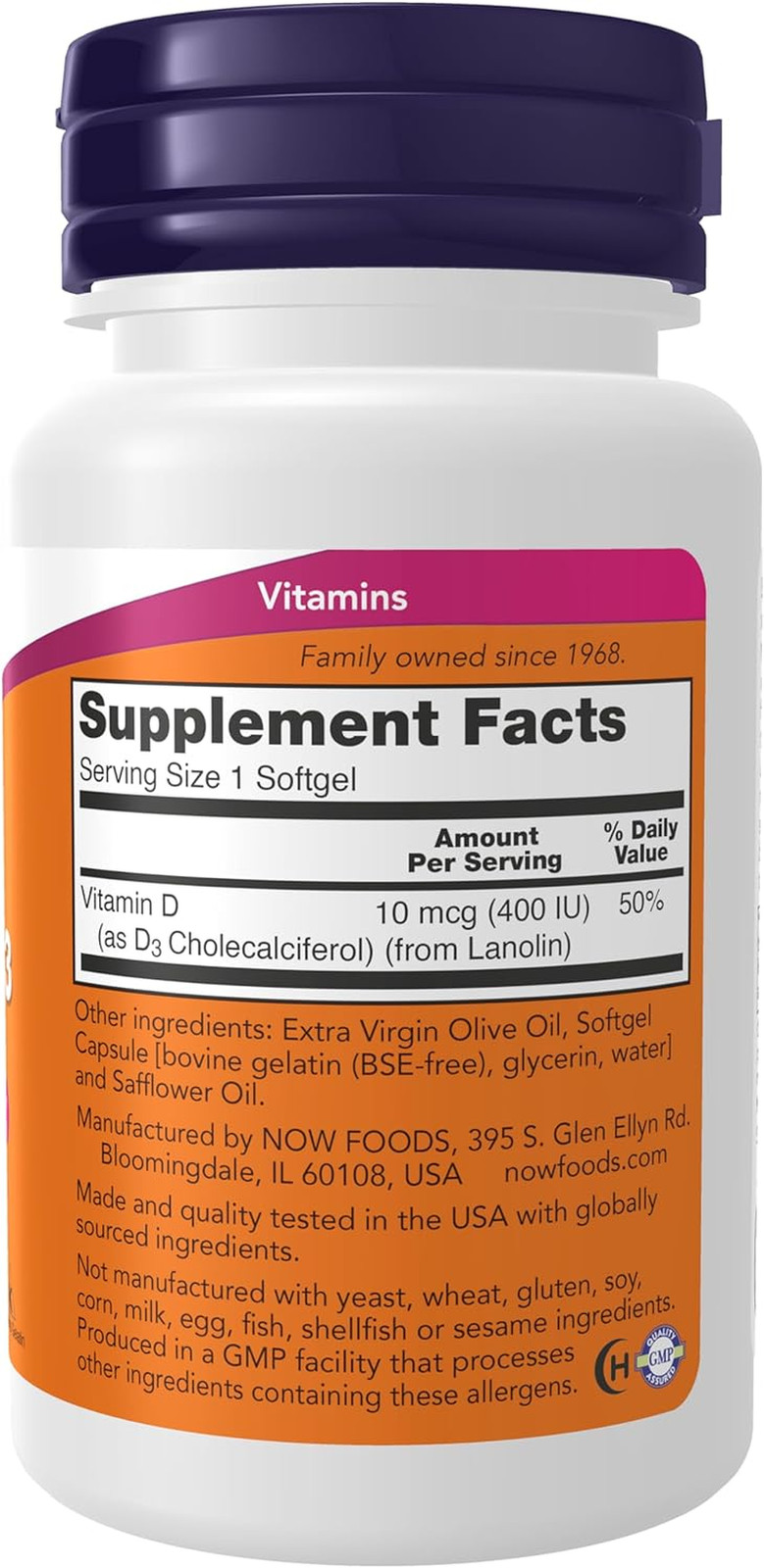 NOW Foods Vitamin D-3 400 IU, Strong Bones*, Structural Support, 180 Softgels