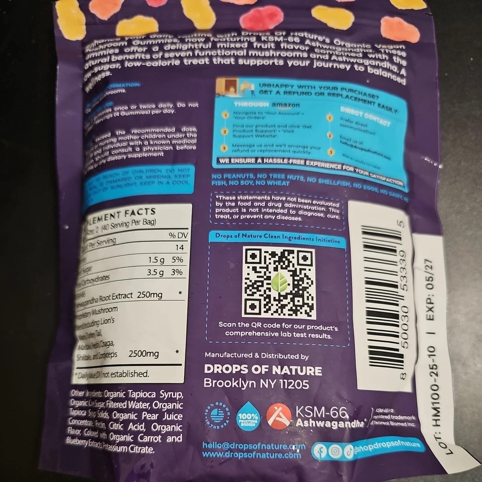 Drops of Nature Mushroom Gummies – Ashwagandha, Lion’s Mane – 80ct