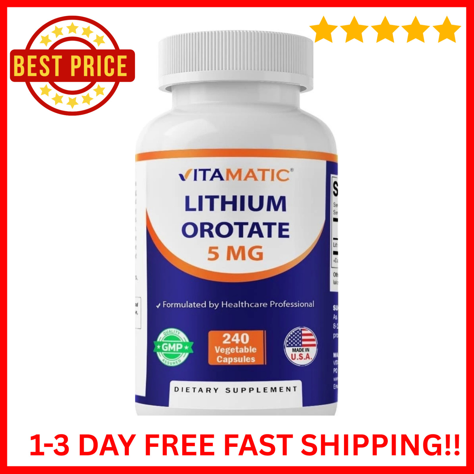Vitamatic Lithium Orotate 5mg, 240 Veggie Capsules, Non-GMO, Gluten Free!!!