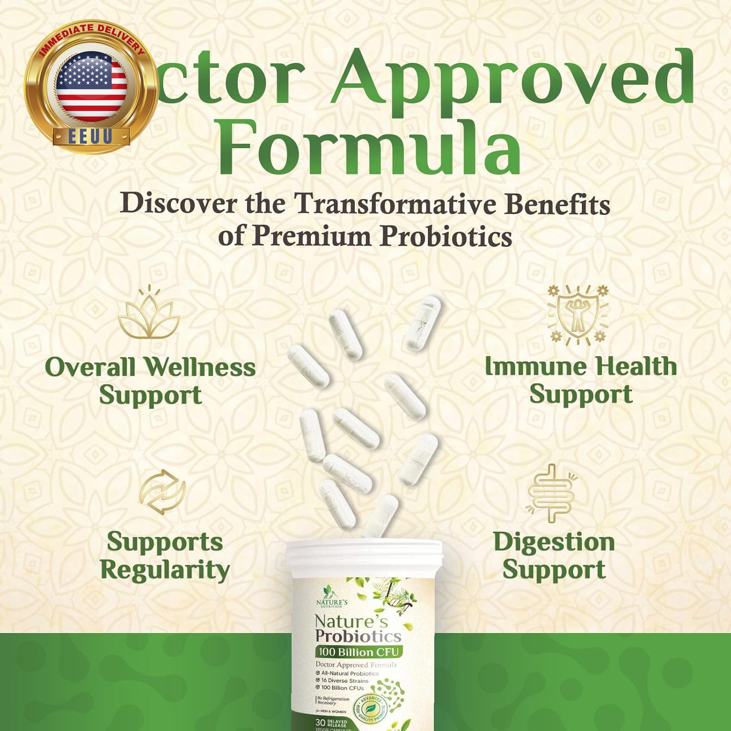 Probiotics 100 Billion CFU per Serving – 16 Premium Strains + Prebiotics – Probi