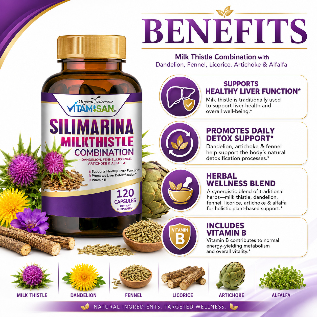 Organic Vitamins Milk Thistle Strenght 120 Caps Silymarin complex with B