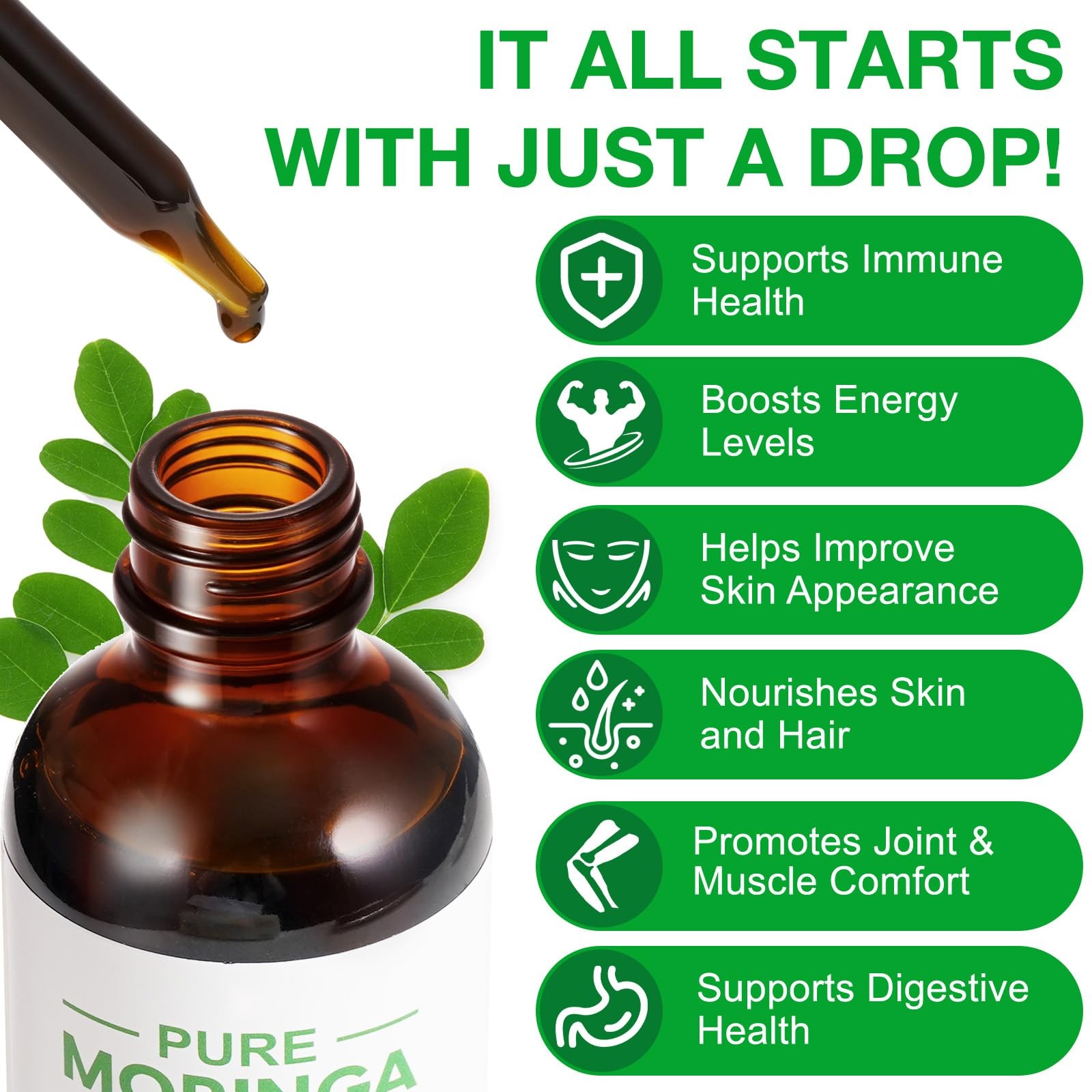 Pure Moringa Oleifera Liquid Drops for Energy,Organic 2 Fl Oz (Pack of 1)