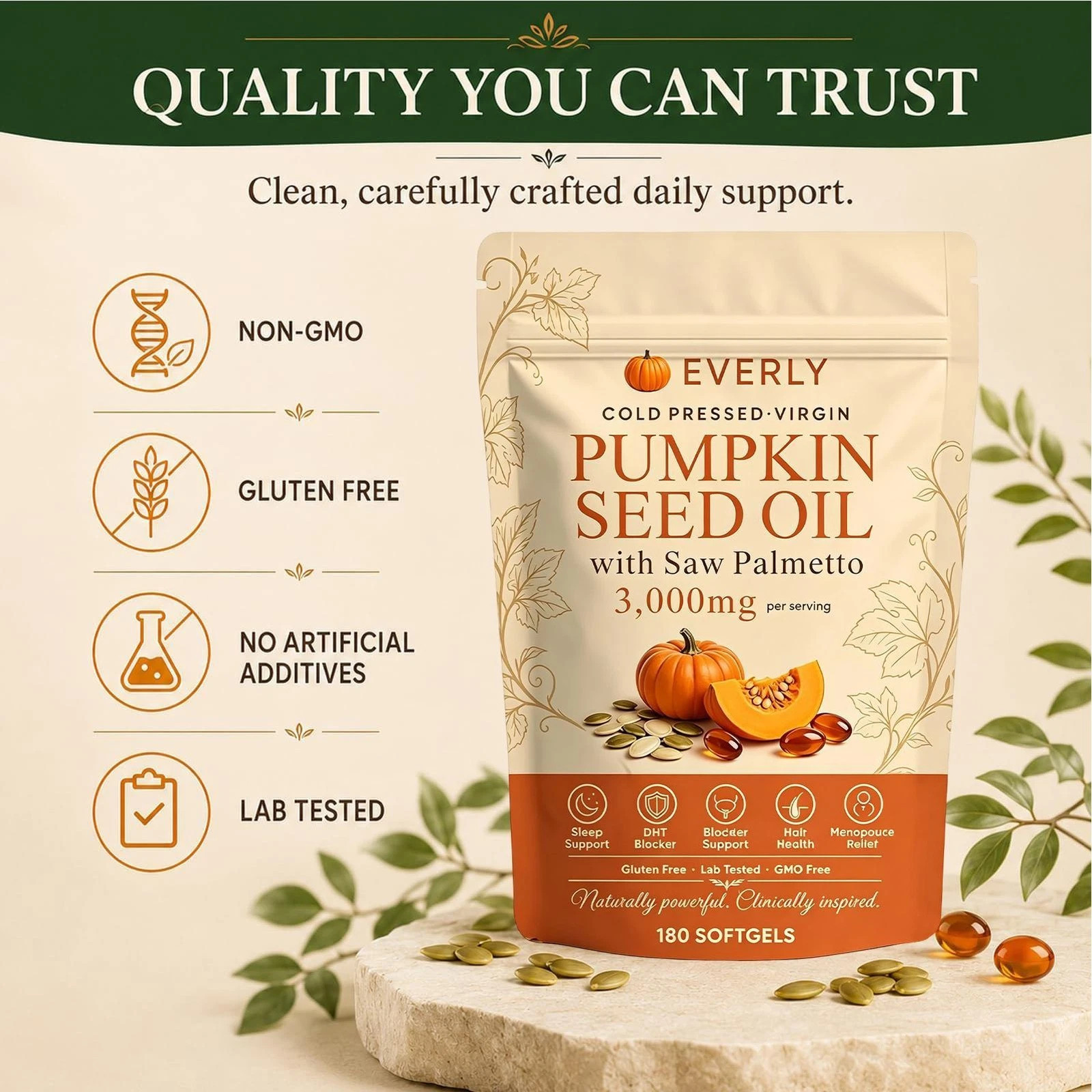 Everly Pumpkin Seed Oil with Saw Palme tto, 180 Softgels, Cold Pressed Pumpkin