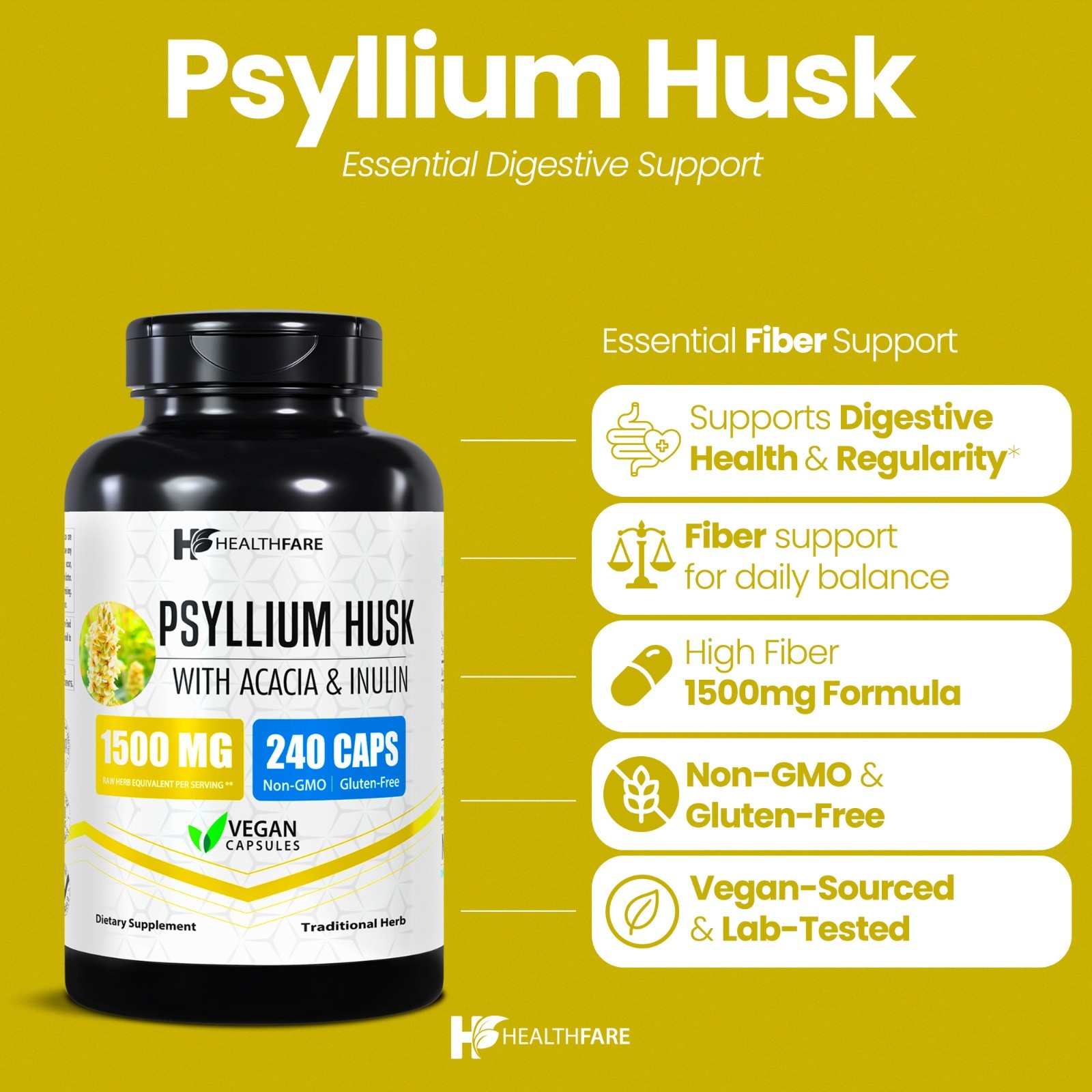 Healthfare Psyllium Husk Capsules, 1500mg | 240 Veg Capsules | High Fiber