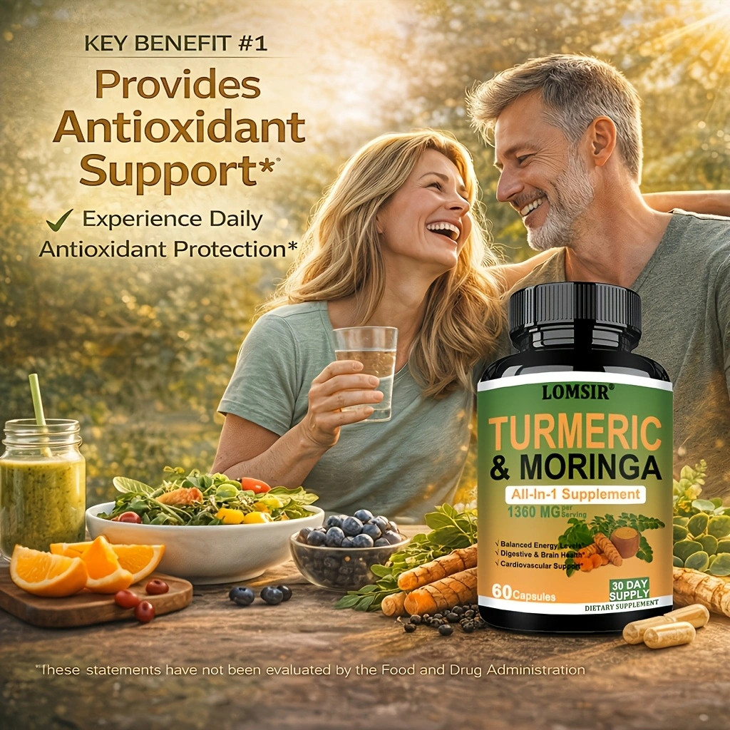 Moringa + Turmeric Curcumin Supplement for Gut Health, Energy – 60 Capsules