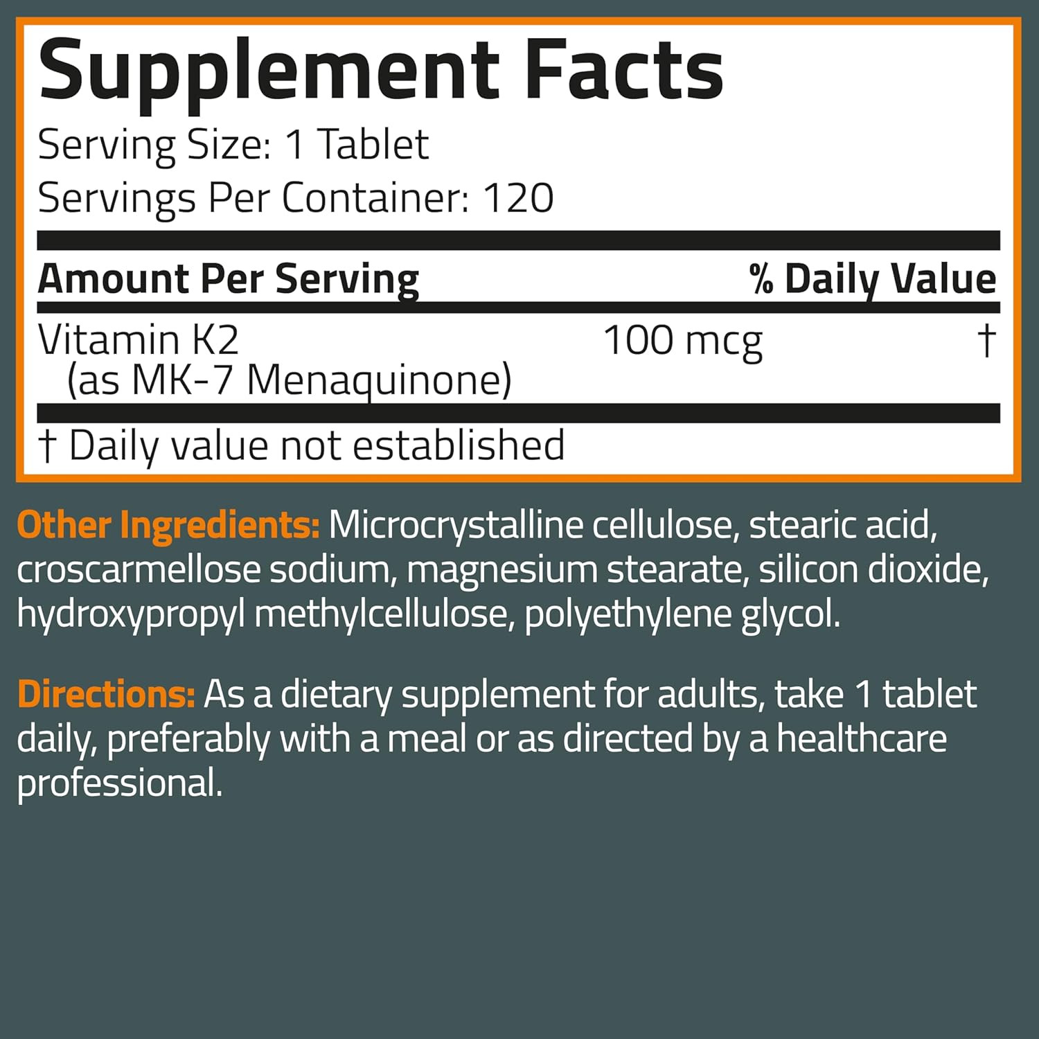 Vitamin K2 MK-7 100 MCG, K2 as MK7 Menaquinone, Bone Support Non-Gmo, 120ct, 1pk