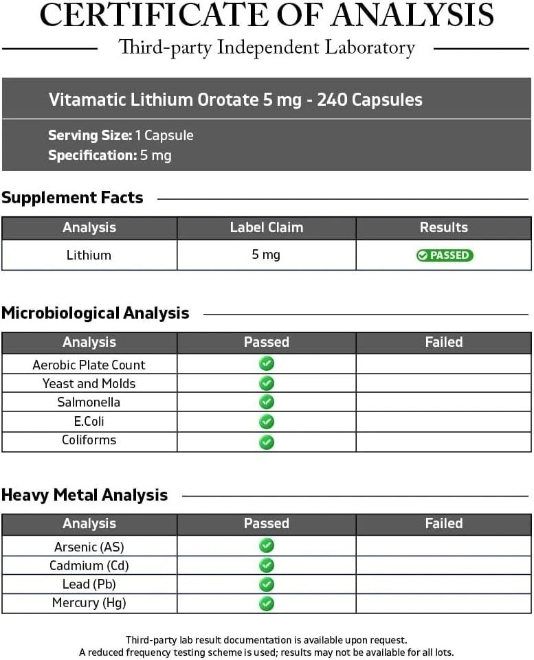 Vitamatic Lithium Orotate 5mg, 240 Veggie Capsules, Non-GMO, Gluten Free!!!