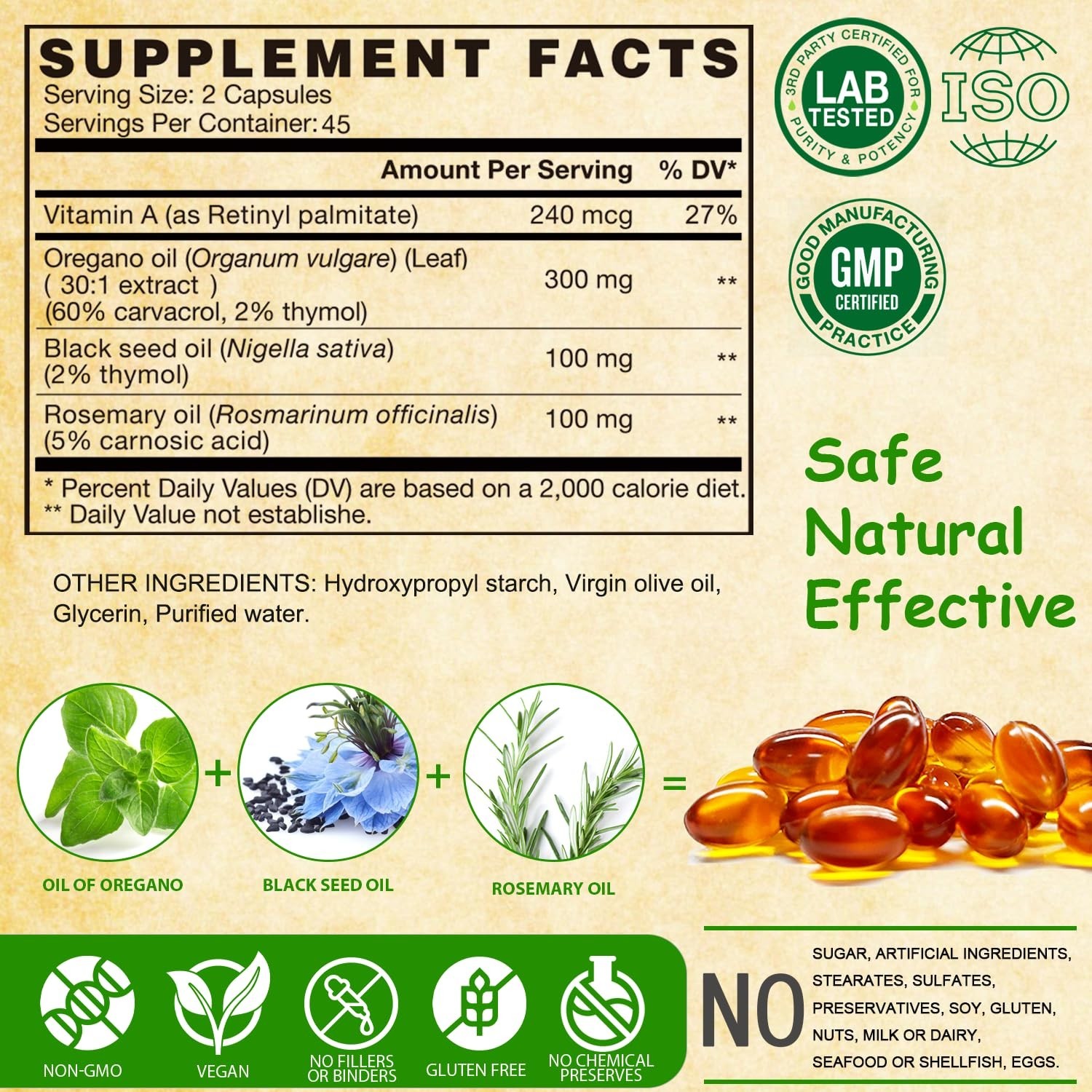 Vegan Oregano Oil Softgels with Black Seed Oil, 120 Ct – Immune Support & Digest