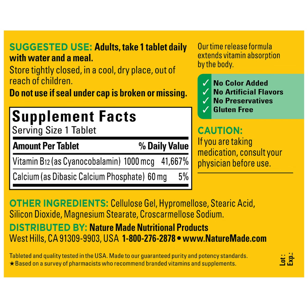 Nature Made Vitamin B12 1000 mcg, Energy Metabolism Support Time Release Tablets