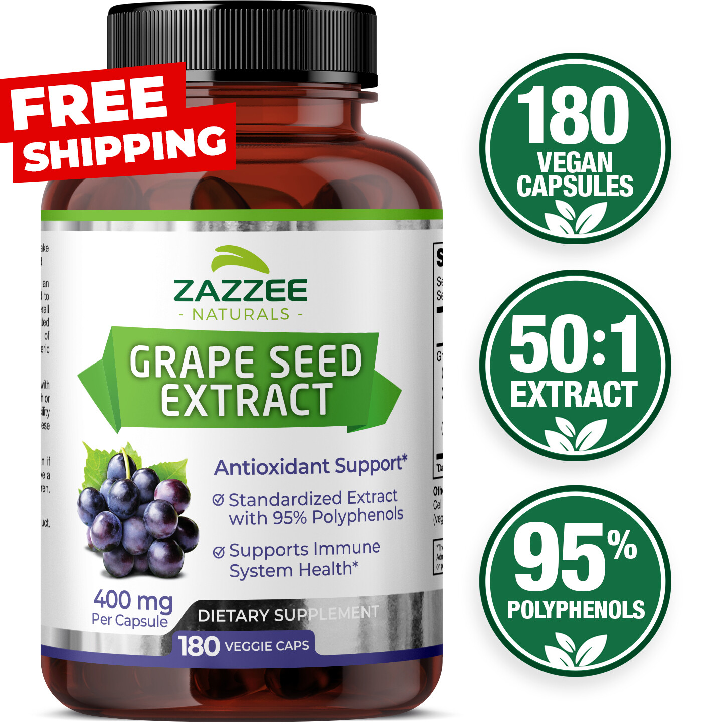 Grape Seed Extract 180 Veggie Capsules 400 mg 95% Polyphenols Antioxidant