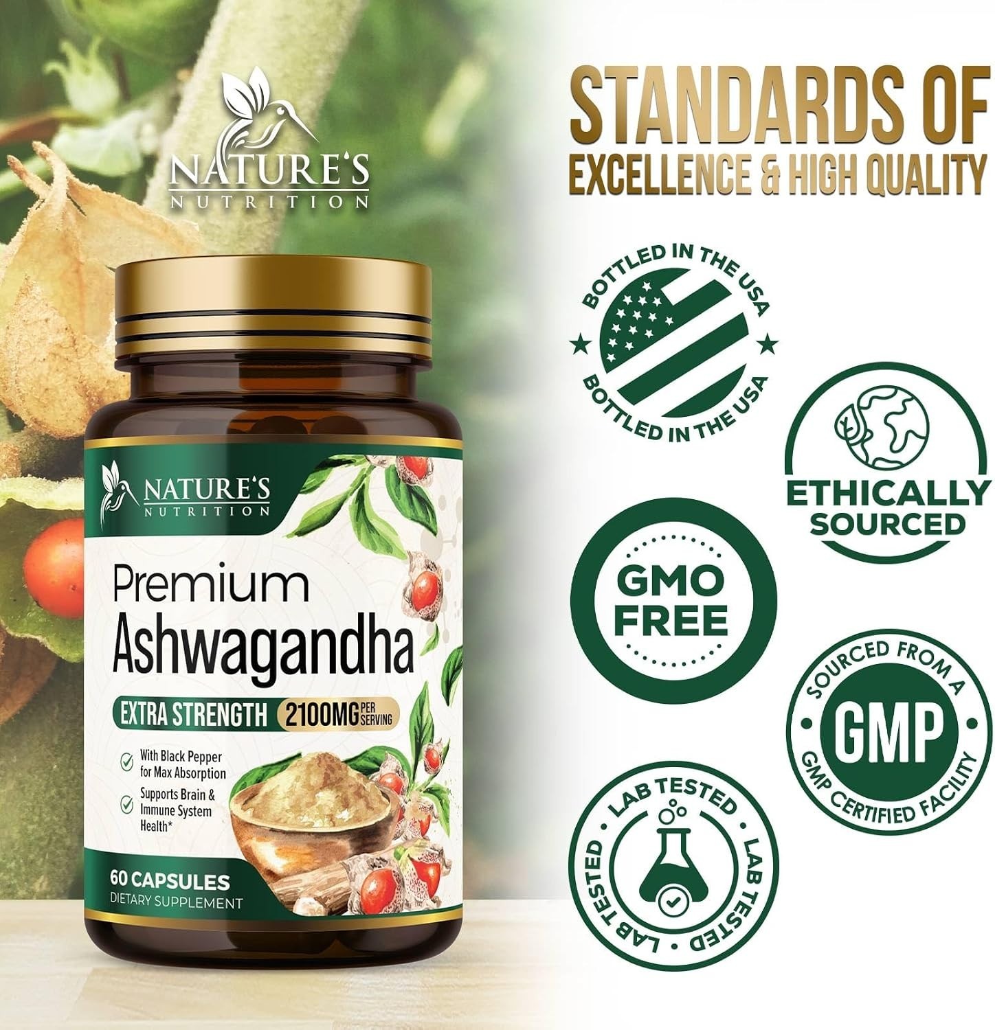 Organic Ashwagandha 2100mg, 60 Capsules w/ Black Pepper Root Supplement