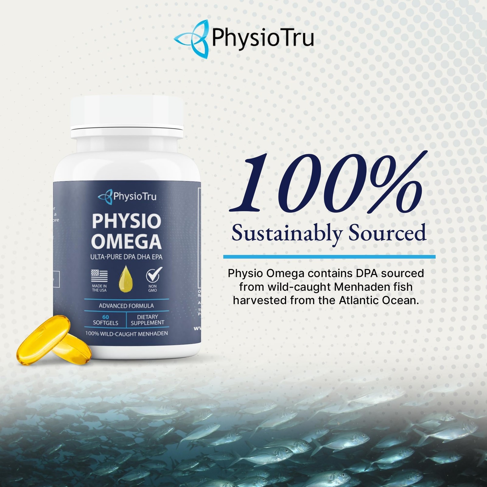 Physio Omega 3 DPA, DHA, EPA Wild Caught Pure Menhaden Fish Oil Supplement, 60