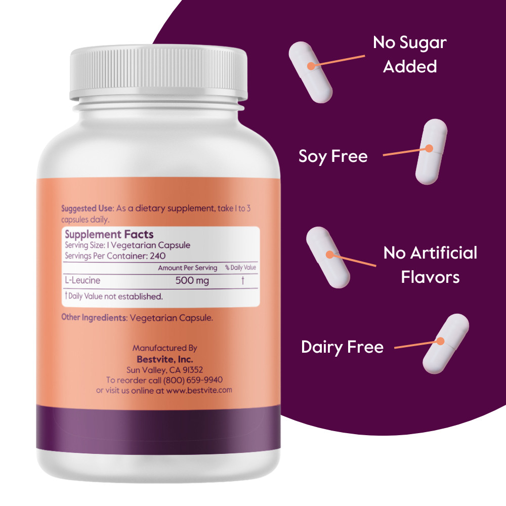 L-Leucine 500mg (240 Vegetarian Capsules)- Pharmaceutical Grade- Vegan