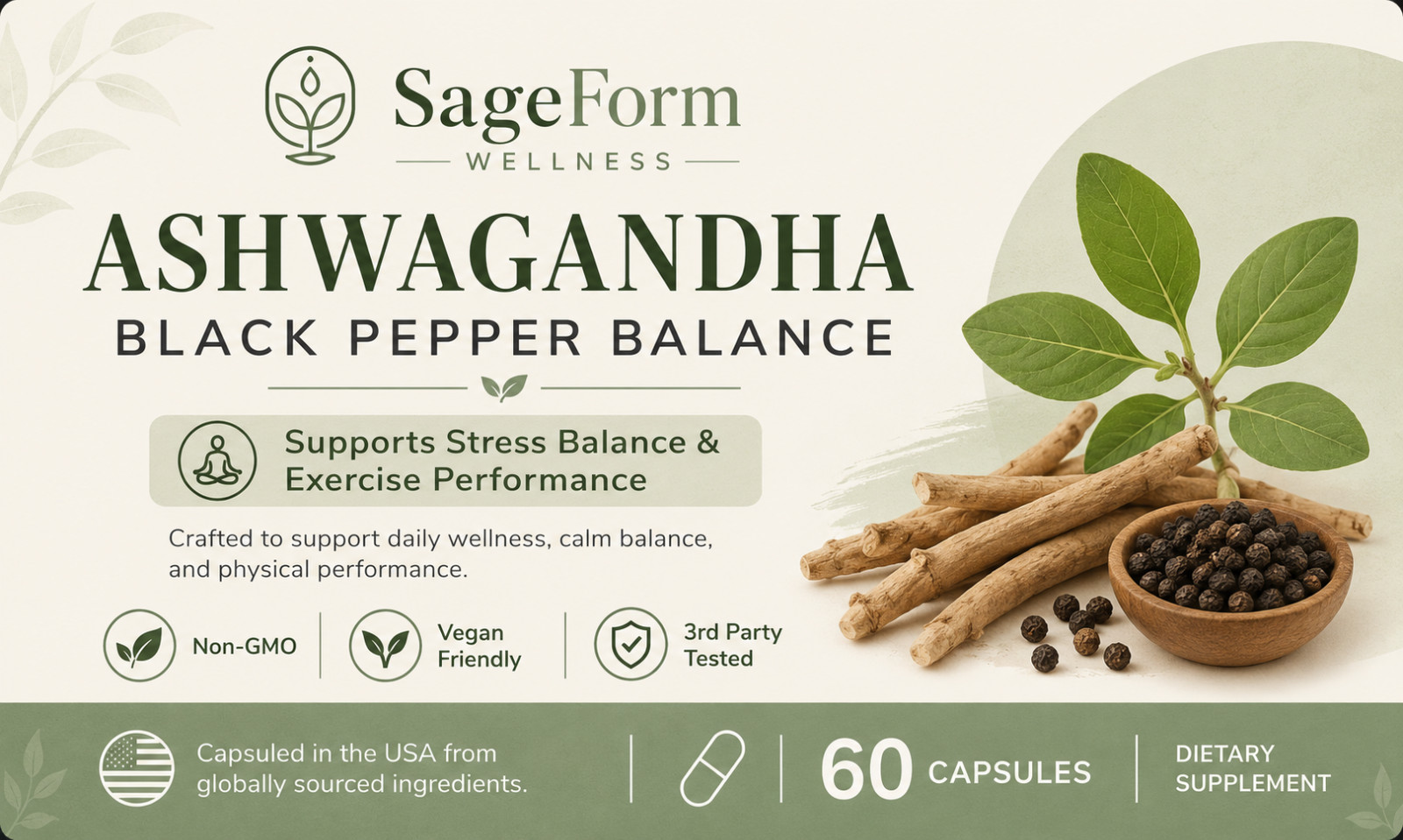 Ashwagandha Black Pepper Balance 60 Capsules Stress Support Vegan Non-GMO