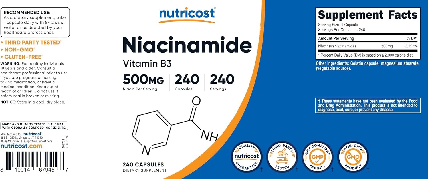 Nutricost Niacinamide (Vitamin B3) 500mg, 240 Capsules 240 Count (Pack of 1)