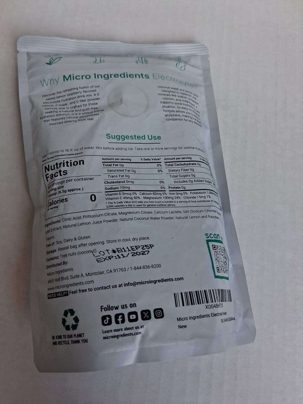 Micro Ingredients Hydration Electrolyte Powder, 1 lb (16 oz) Bag.