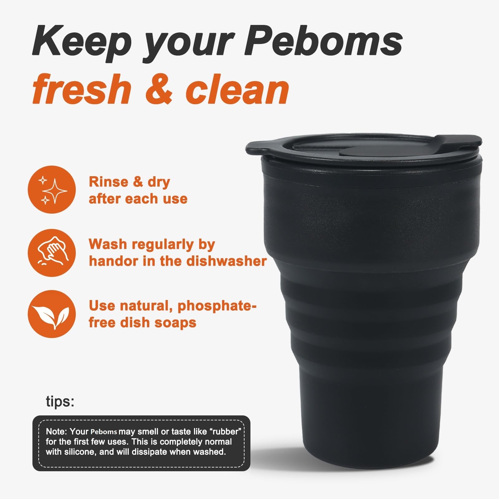 Peboms Foldable Silicone Water Bottle 13oz – Collapsible 13 Ounces, Black