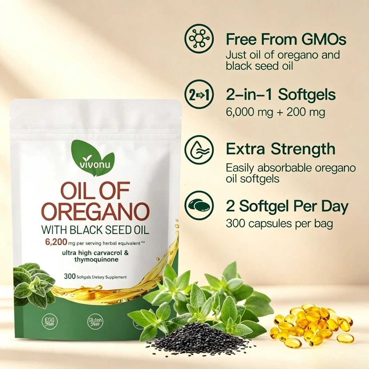 VivoNu Oil of Oregano & Black Seed Oil–Organic Softgels,Carvacrol & Thymoquinone