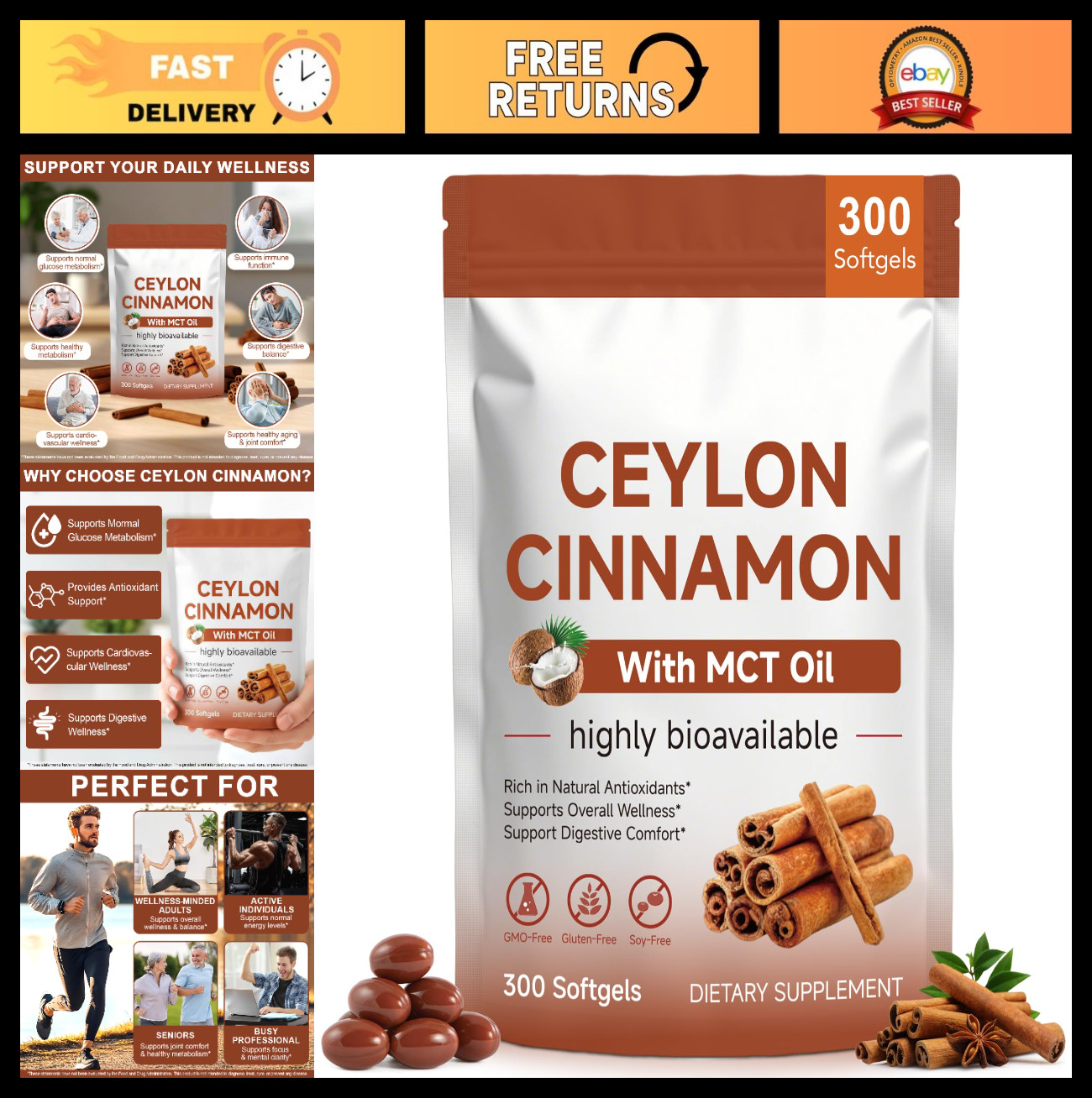 Ceylon Cinnamon Softgels with MCT Oil – 300 Count, Digestive Support, Non-GMO, G