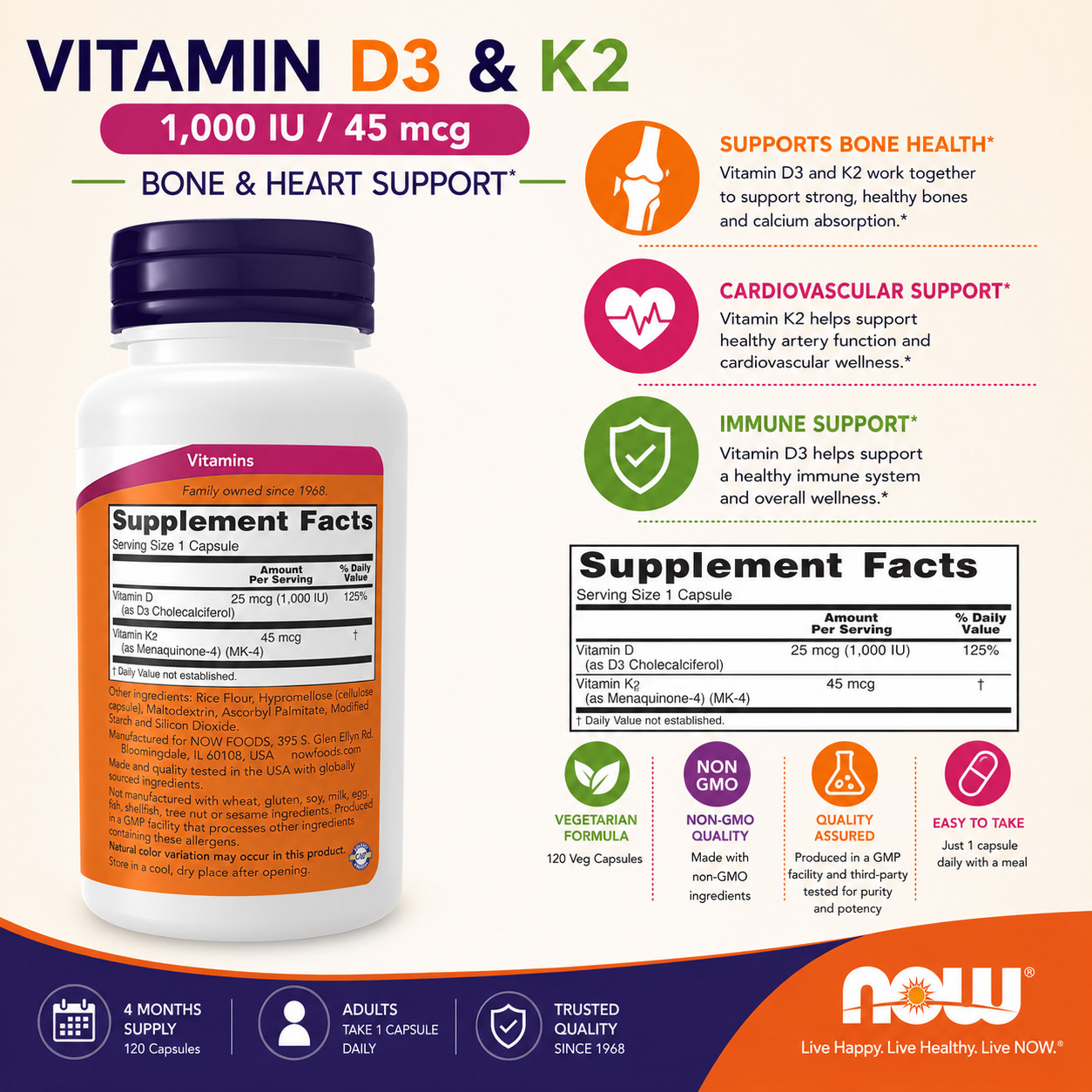 NOW Vitamin D3 & K2 1000 IU 45 mcg 120 Veg Capsules Bone Heart Support