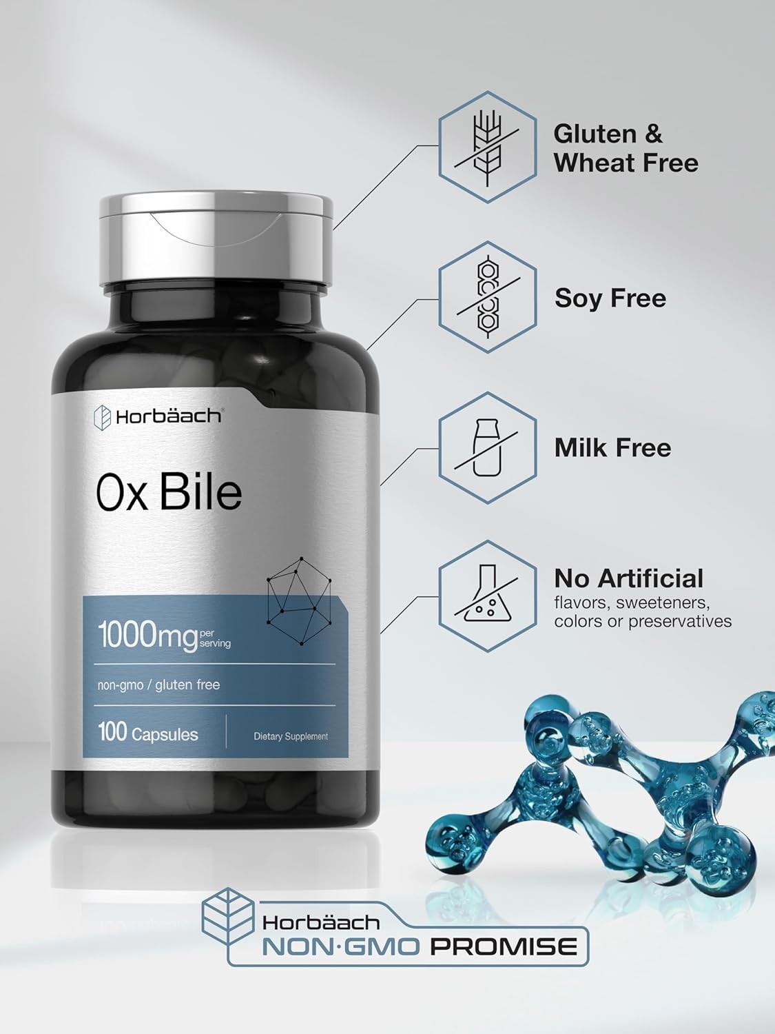 Ox Bile 1000mg | 100 Capsules | Digestive Enzymes | by Horbaach