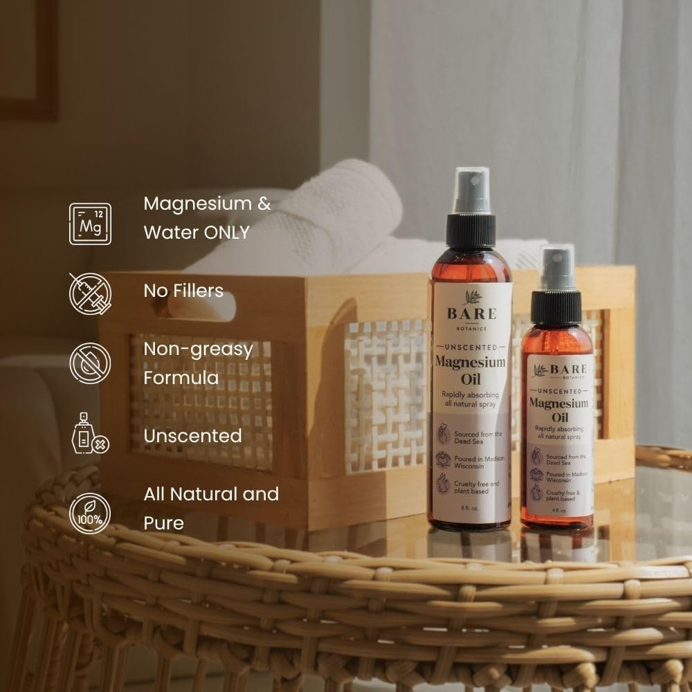 Bare Botanics Magnesium Oil Spray 4Oz Unscented | Topical Magnesium Chloride Mis