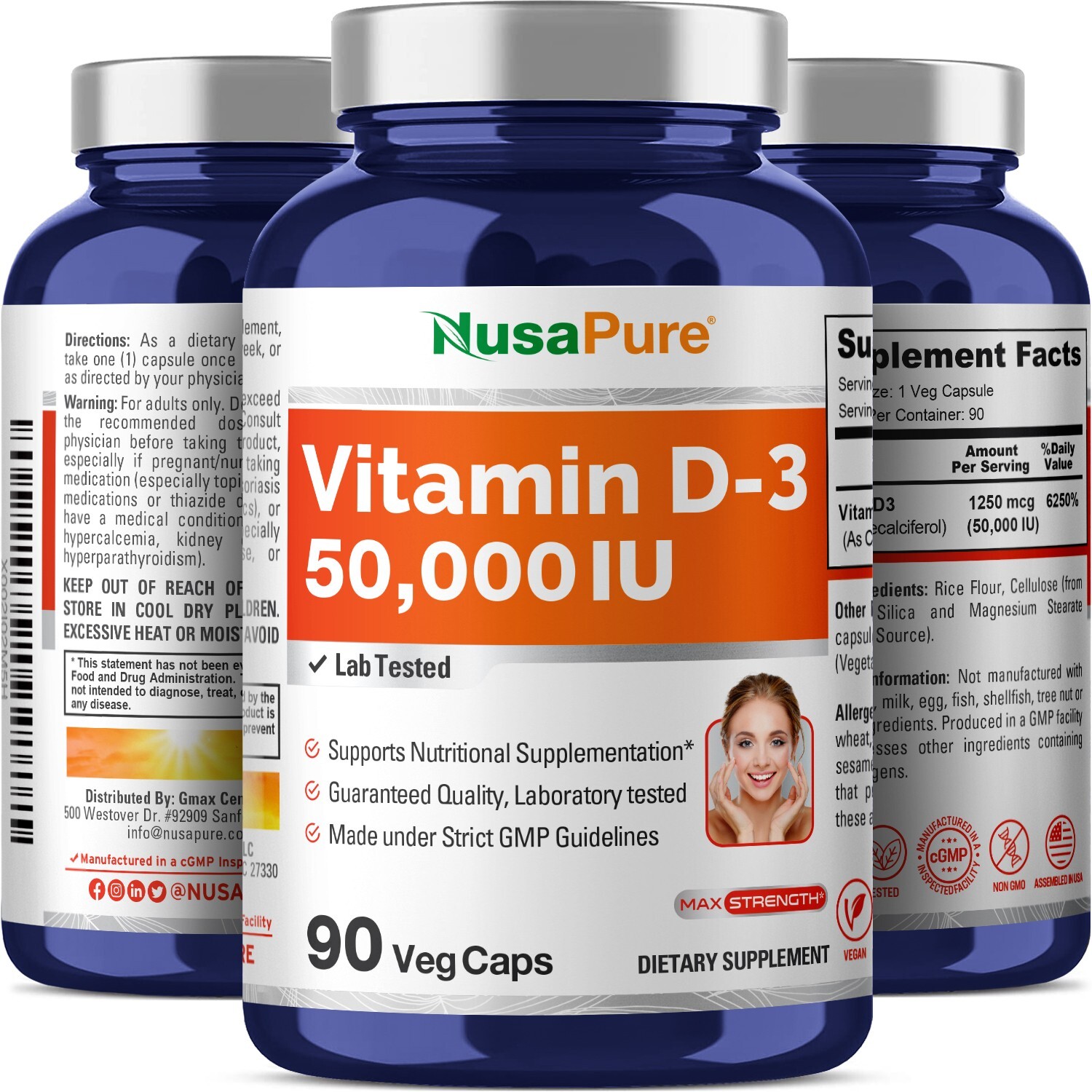 NusaPure Vitamin D3 50,000 IU 90 Veggie Capsules (Non-GMO)