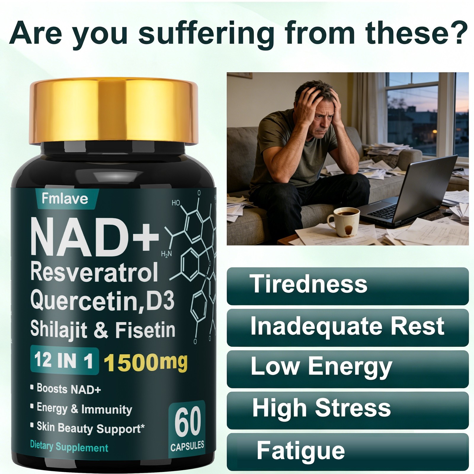 NAD+ Supplement Premium Nicotinamide Riboside & Resveratrol 1500mg, DNA Repair
