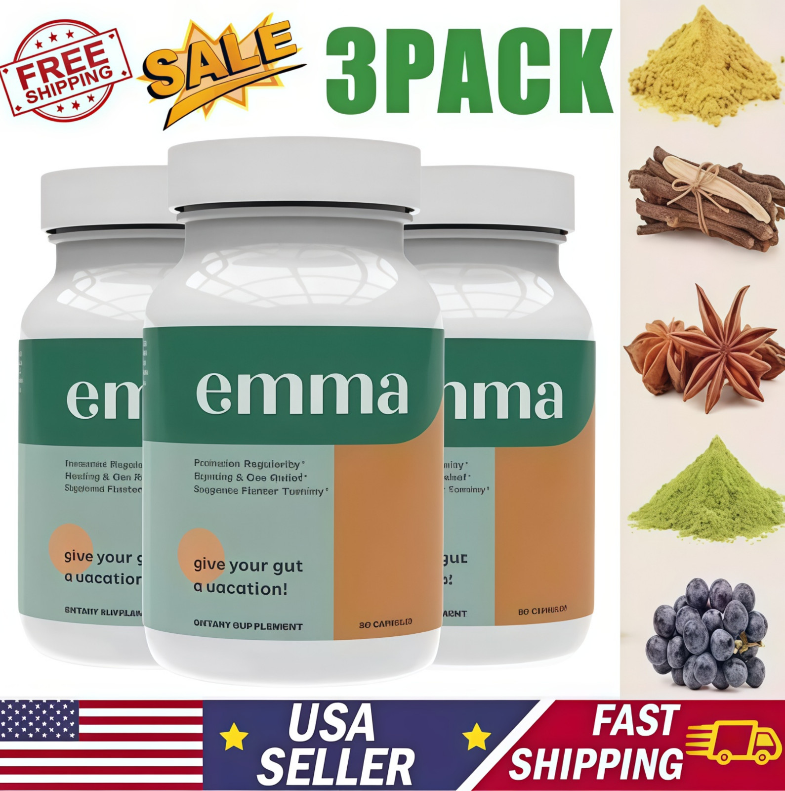 3 Pack Emma Gut Health Supplement 180 for Capsules Bloating Relief & Leaky Gut