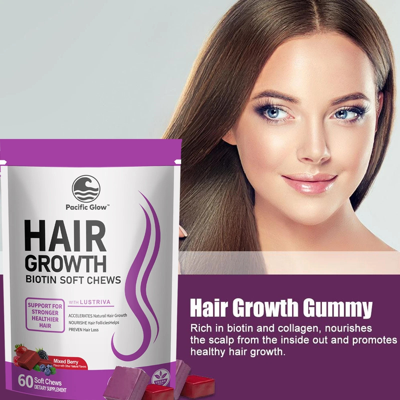 PACIFIC GLOW Hair Growth Biotin Mixed Berry Soft Chews Vitamins Women w Lustriva