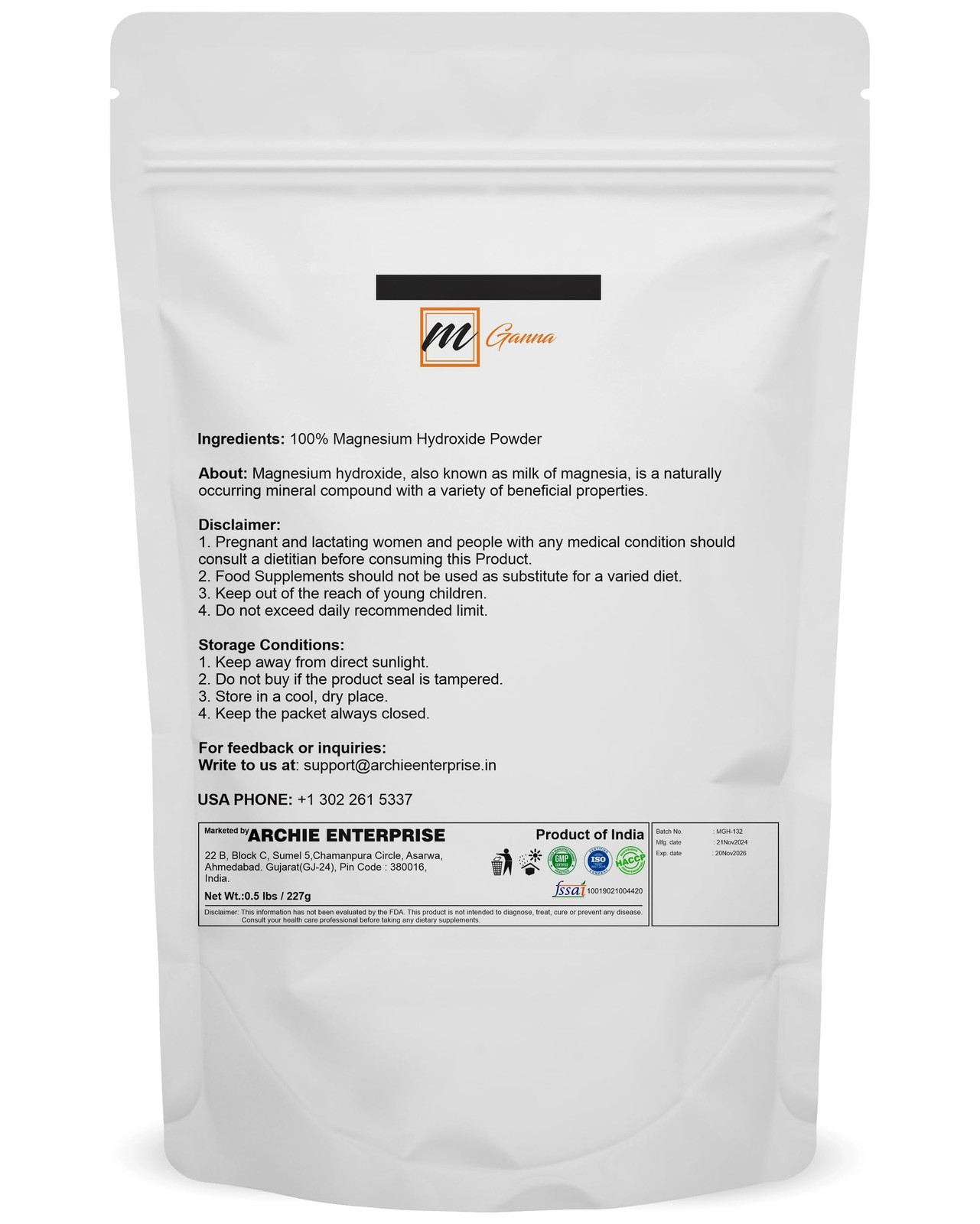 mGanna Magnesium Hydroxide Powder 227 GMS / 0.5 lbs 8 Ounce (Pack of 1)