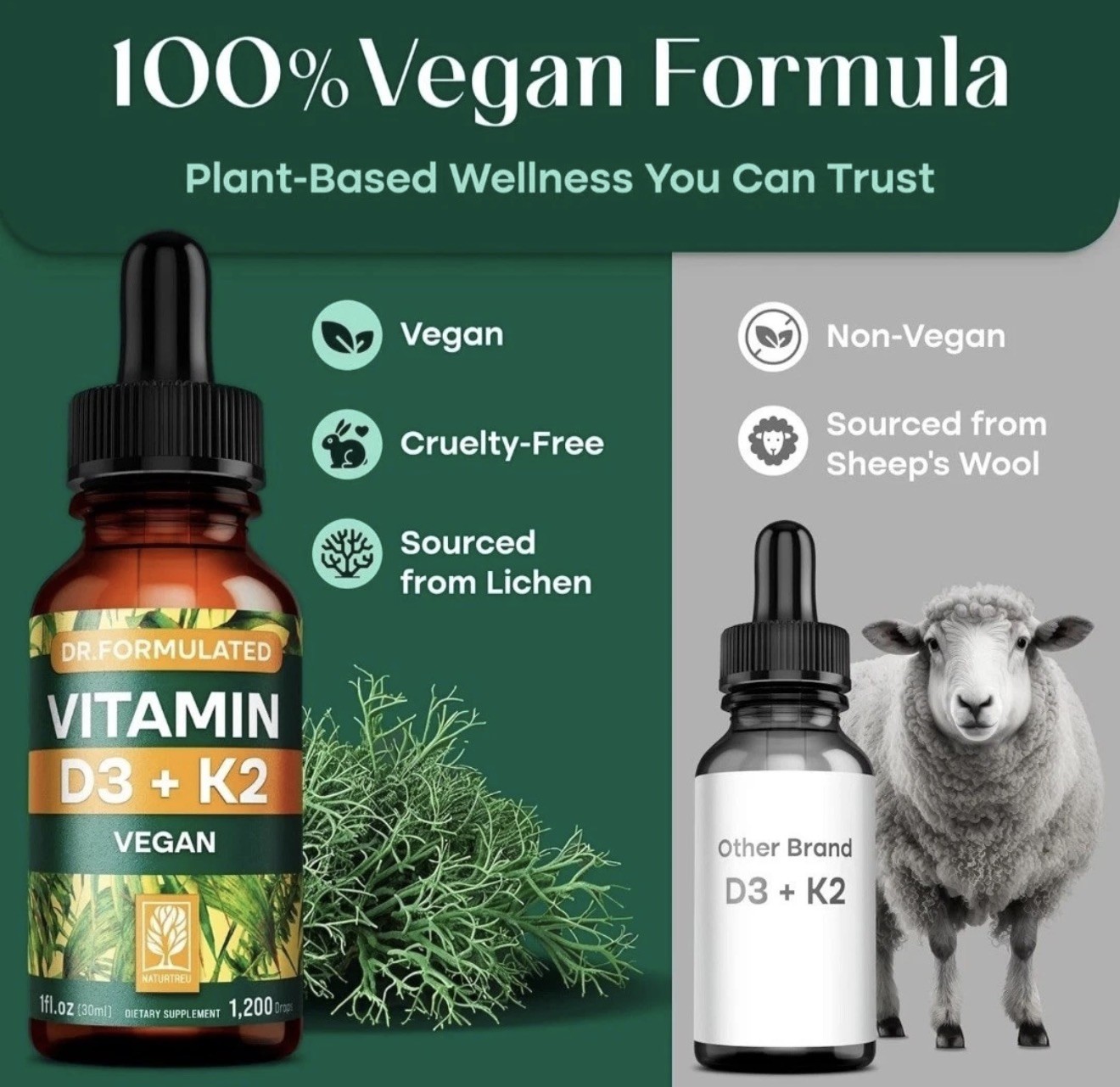 Naturtreu D3 + K2 5000 IU 1200 Drops Plus Vegan Gluten Free Dairy Free