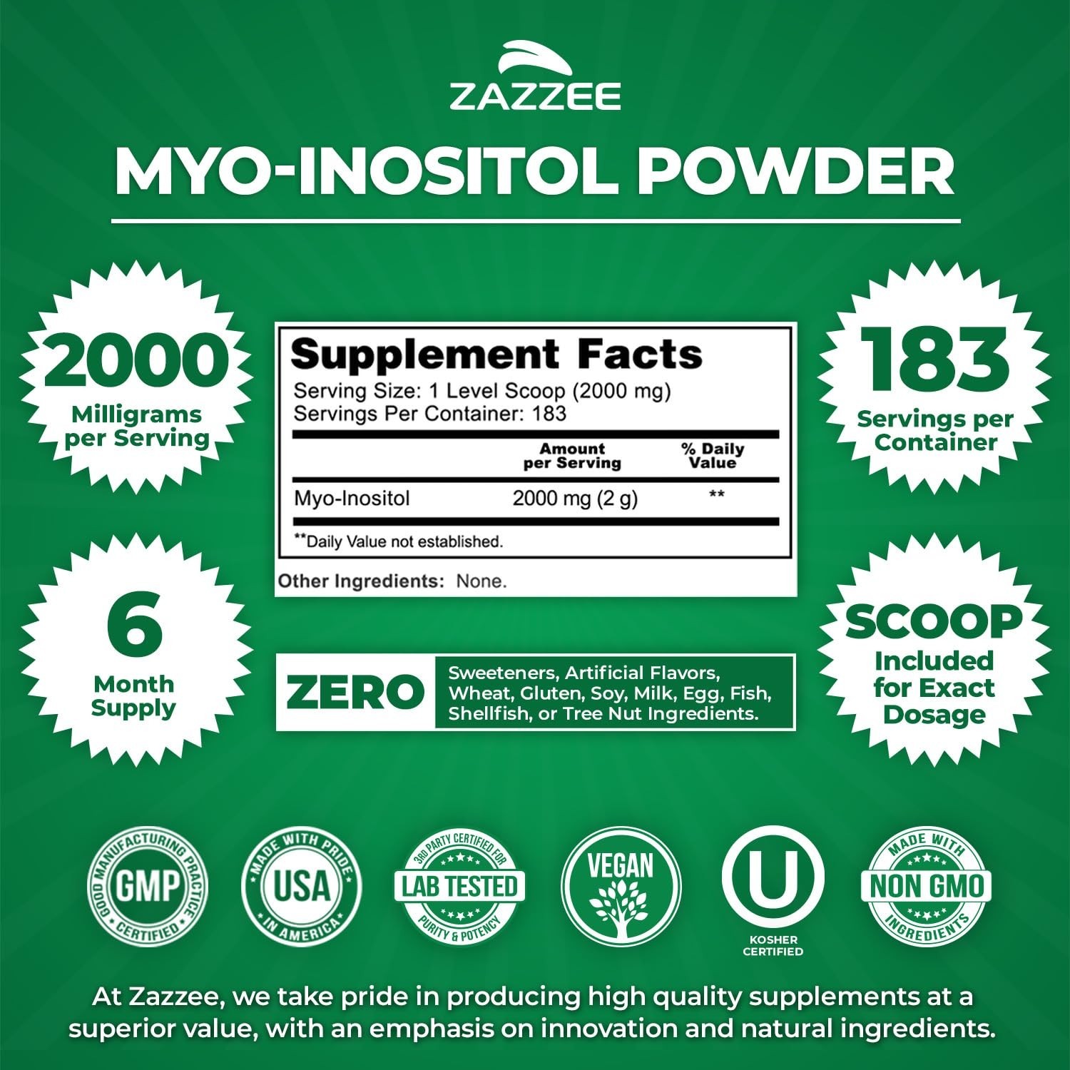 Myo-Inositol Powder 2000mg – 183 Servings, 6 Month Supply, Fertility Support, Pu