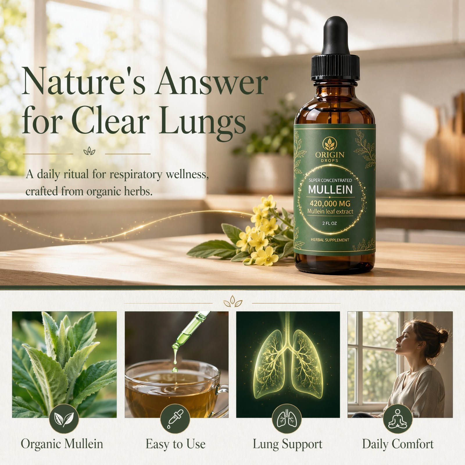 Origin Mullein Drops Natural Herbal Ear & Lung Support Supplement
