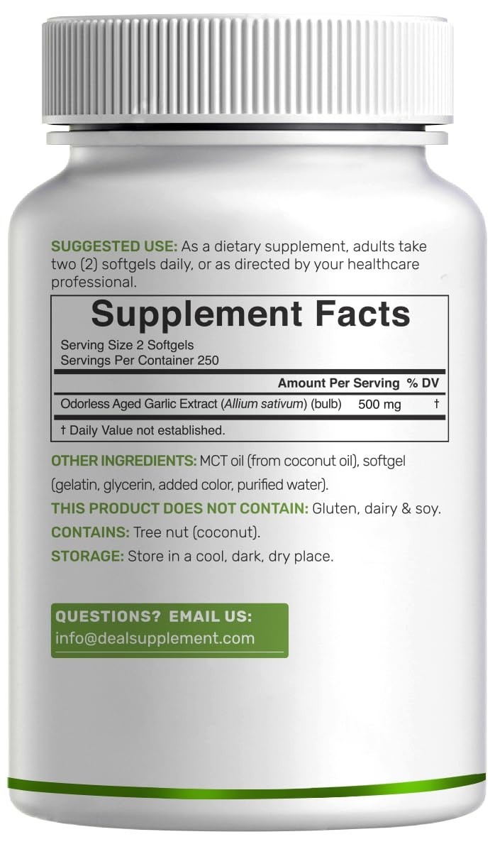Odorless Aged Garlic Softgels 500 Count with MCT Oil – Non-GMO, 2-Year Extract