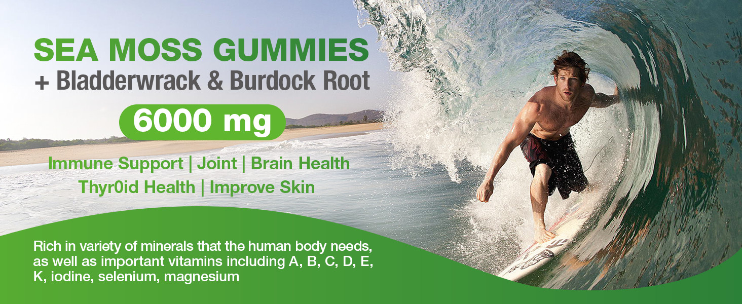 Sea Moss 6000mg Gummies with Bladderwrack and Burdock Root Natural Irish, 60 CT