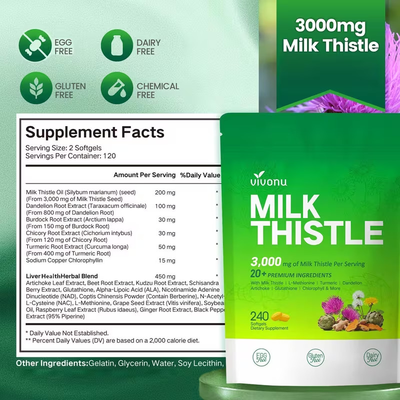 Milk Thistle Liver Cleane Detox 3000mg 20 in 1 Complex 240 Soft Capsules